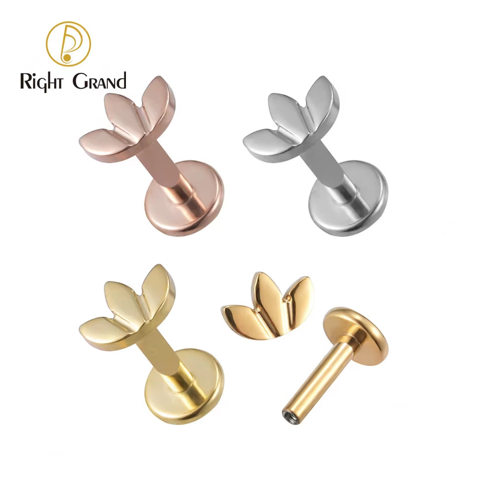 ASTM F136 Titanium 16G Leaf Labret Studs Monroe Cartilage Earring Flat Back Lip Rings